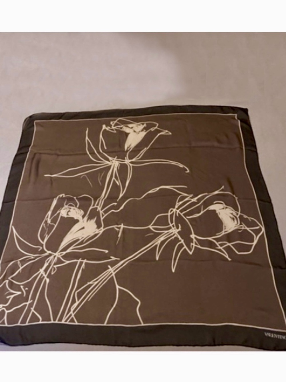 Valentino | Silk Scarf w/Abstract Roses in Brown, Cream & Black ♥ EUC